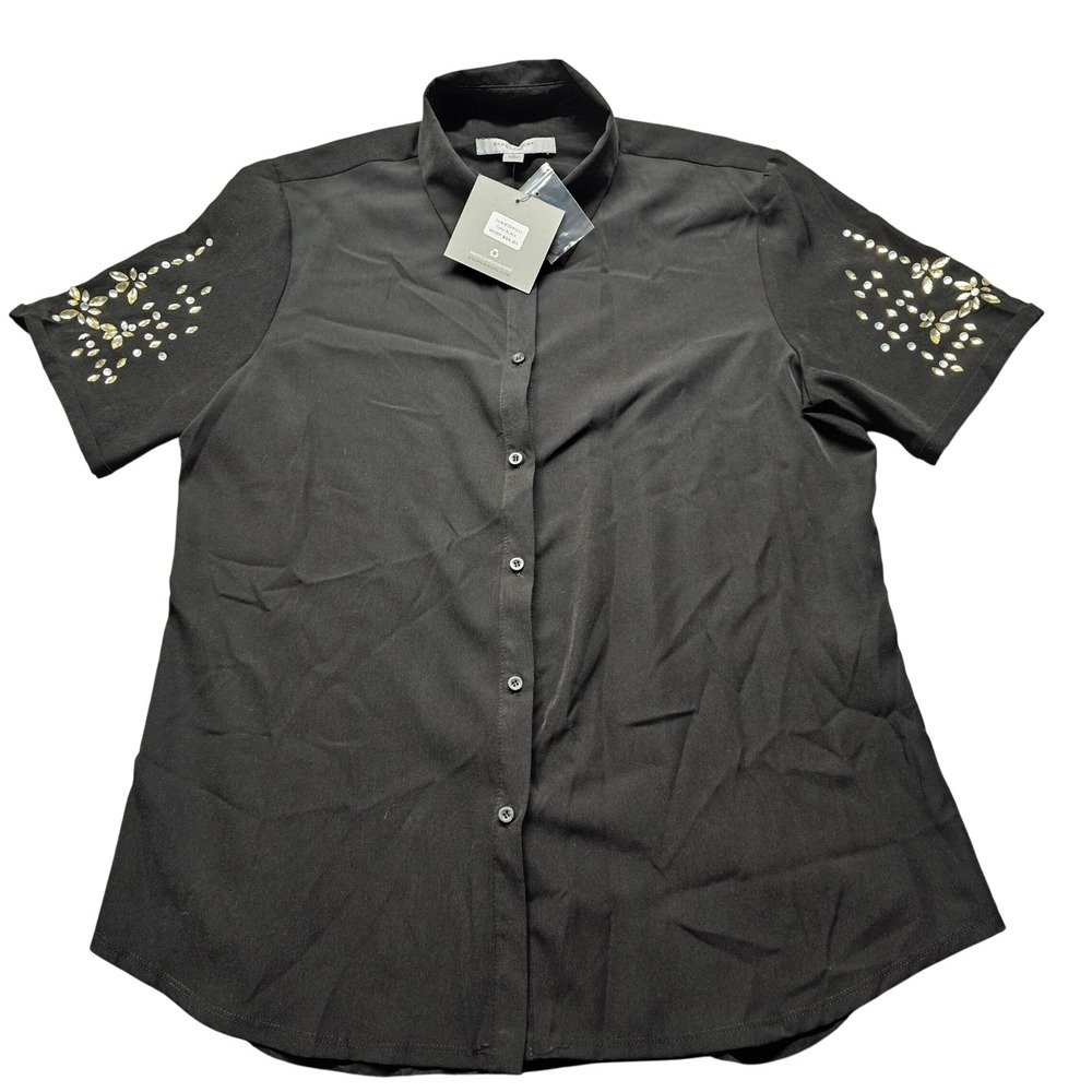 NWT Marc New York Andrew Marc Black Embellished Short Sleeve Button Down Shirt L